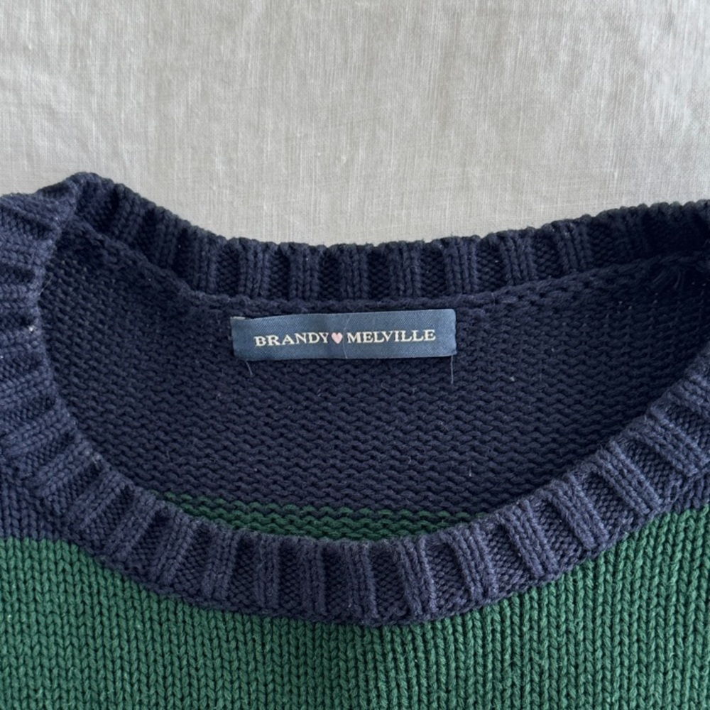 Brandy Melville Green and Navy Striped Crewneck Sweater - Picture 2 of 2